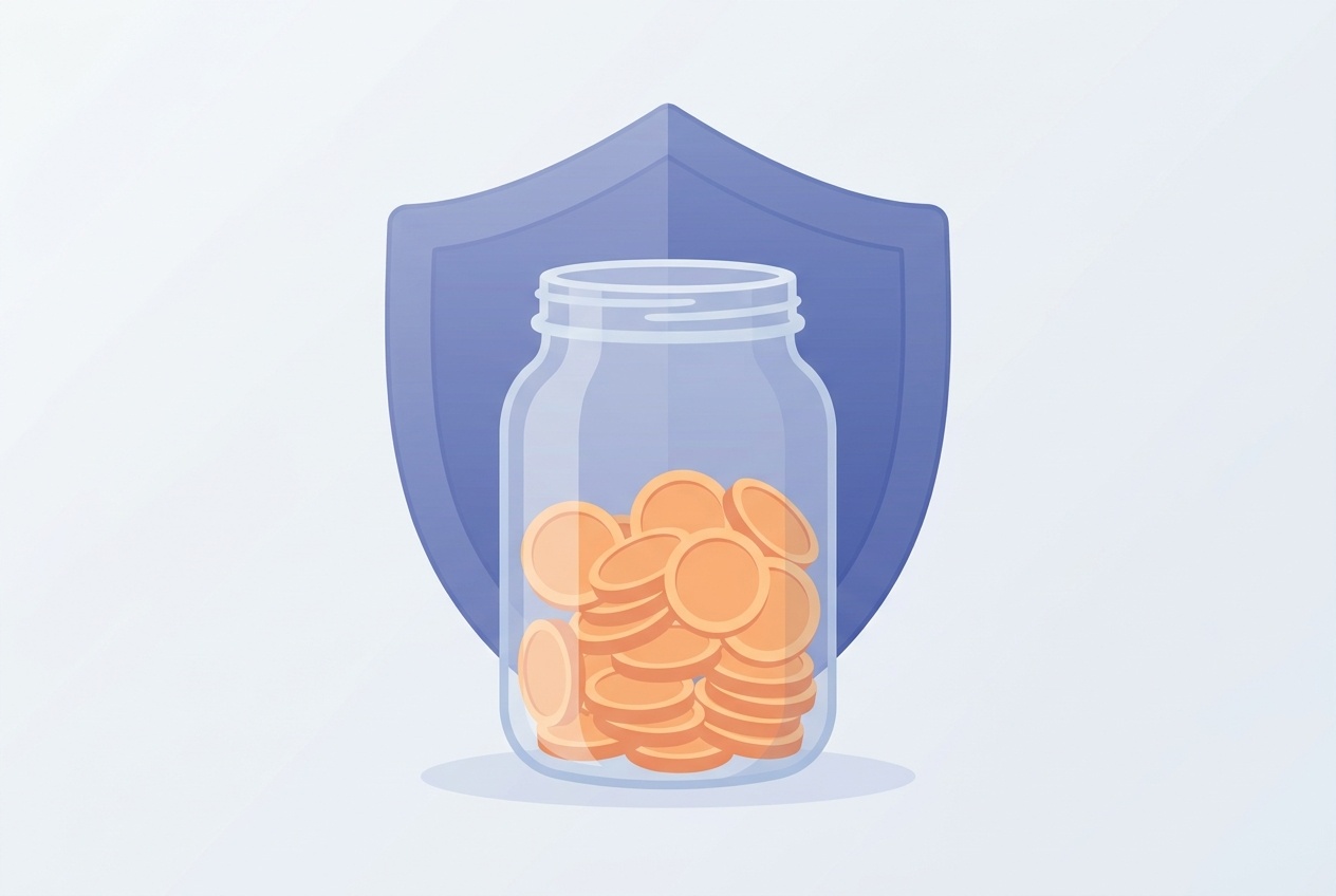 Ilustrasi tabungan dana darurat berbentuk toples dengan koin berwarna apricot.