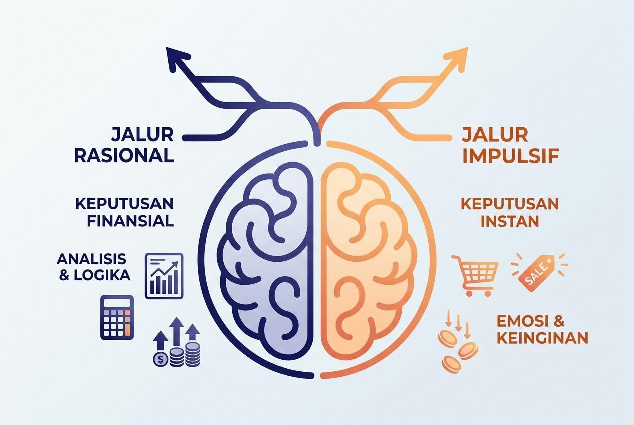 Ilustrasi otak dengan dua jalur keputusan berwarna indigo dan apricot.