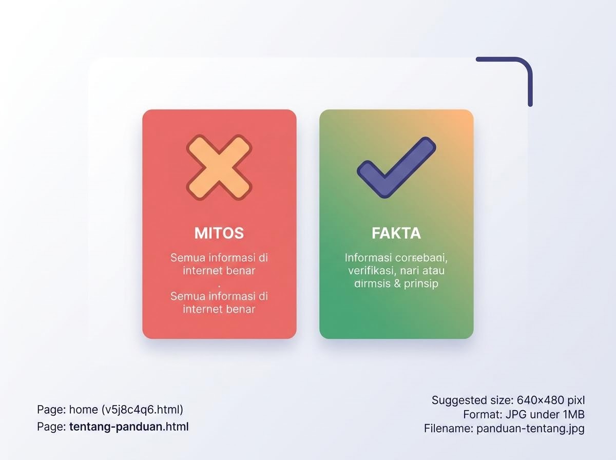 Ilustrasi dua kolom perbandingan mitos dan fakta dengan teks Bahasa Indonesia berwarna indigo dan apricot.