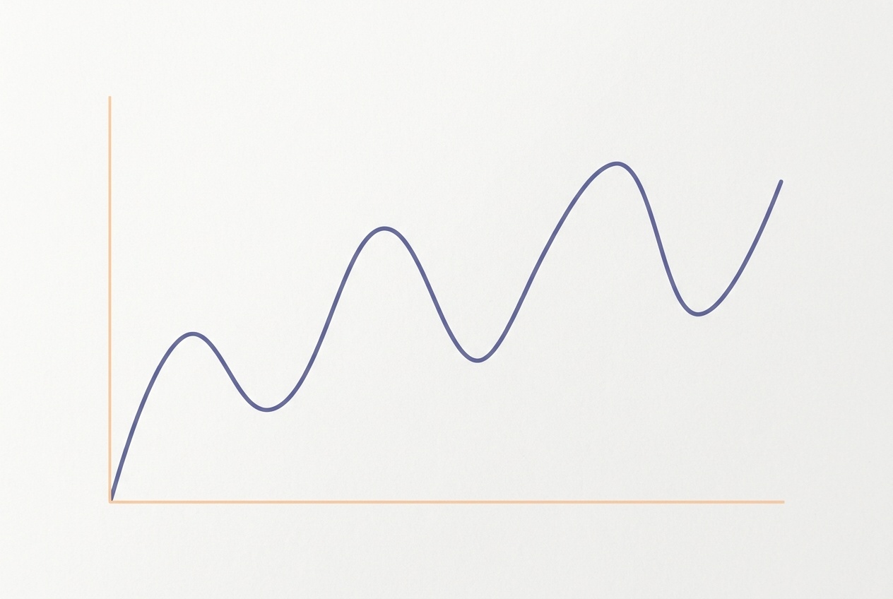 Grafik garis dengan fluktuasi naik turun berwarna indigo pada latar mist-white.
